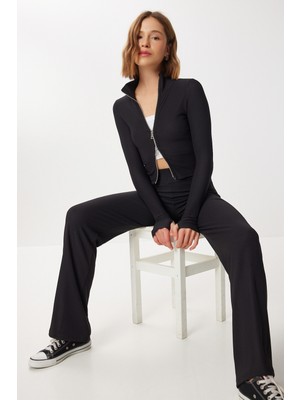 Happiness İstanbul Fermuarlı Fitilli Örme Alt-Üst Takım LBY0022 Siyah