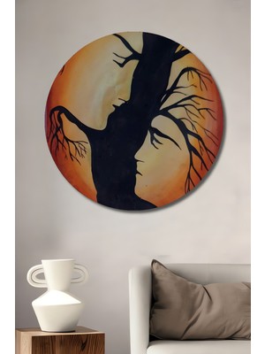 Teona Ahşap Ağaç Aşkı Insan Silüeti Sulu Boya Görünümlü Ahşap Dekoratif Tablo Yuvarlak Tablo