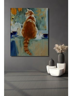 Teona Ahşap Turuncu Kedi Yağlı Boya Görünümlü Dekoratif Ahşap Tablo Dikdörtgen Tablo