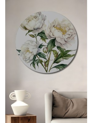 Teona Ahşap Beyaz Şakayık Sulu Boya Görünümlü Ahşap Dekoratif Tablo Yuvarlak Tablo