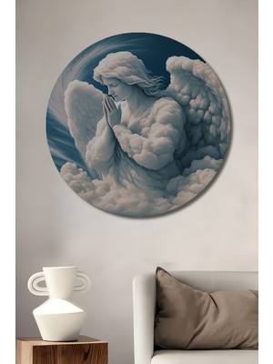 Teona Ahşap Beyaz Melek Yağlı Boya Görünümlü Ahşap Dekoratif Tablo Yuvarlak Tablo