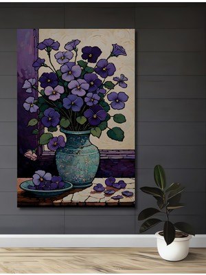 Teona Ahşap Mor Menekşe Vazo Sulu Boya Görünümlü Ahşap Dekoratif Tablo Dikdörtgen Tablo
