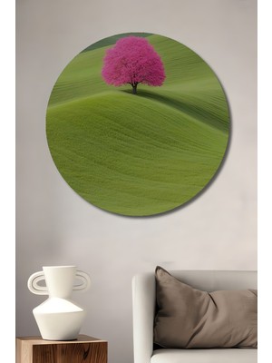 Teona Ahşap Pembe Çiçekli Ağaç Görünümlü Yağlı Boya Sanat Tablosu Ahşap Dekoratif Tablo Yuvarlak Tablo