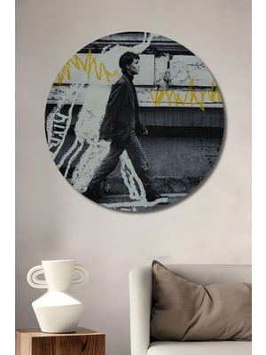 Teona Ahşap Siyah Beyaz Sokak Sanatı Yağlı Boya Görünümlü Ahşap Dekoratif Tablo Yuvarlak Tablo