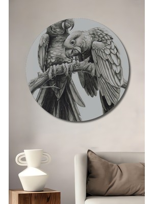 Teona Ahşap Kara Kalem Görünümlü Ahşap Dekoratif Tablo Sevgi Kuşları Modern Sanat Yuvarlak Tablo