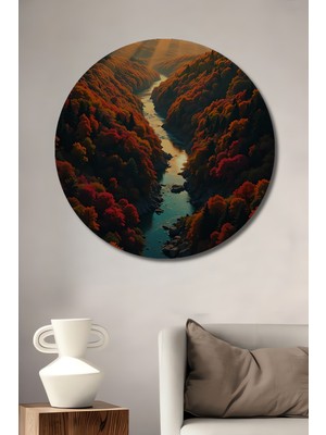Teona Ahşap Altın Işıklar Vadi Nehri Yağlı Boya Görünümlü Dekoratif Ahşap Tablo Yuvarlak Tablo