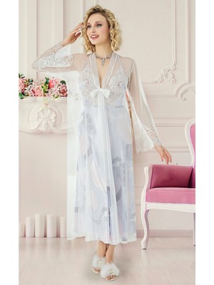 Özel Tasarım Transparan Dantelli Erotik Fantezi Seksi Uzun Rahat 2'li Takım Gecelik ve Sabahlık