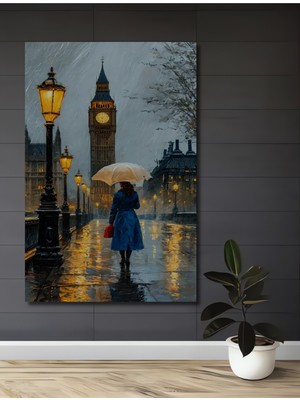 Teona Ahşap Yağlı Boya Görünümlü Big Ben ve Şemsiyeli Kadın Ahşap Dekoratif Tablo Dikdörtgen Tablo