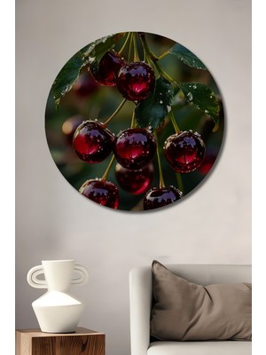 Teona Ahşap Canlanmış Kirazların Yağlı Boya Görünümlü Tablosu Yuvarlak Tablo