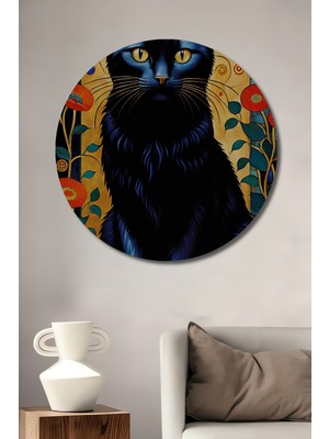 Teona Ahşap Siyah Kedi Gustav Klimt Tarzı Yağlı Boya Görünümlü Dekoratif Ahşap Tablo Yuvarlak Tablo