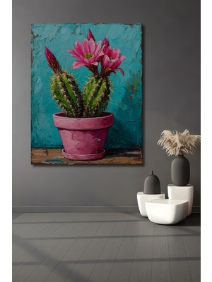 Teona Ahşap Pembe Saksıda Canlı Kaktüs Yağlı Boya Görünümlü Ahşap Dekoratif Tablo Dikdörtgen Tablo