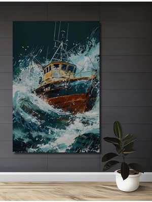 Teona Ahşap Dalgaların Arasında Balıkçı Teknesi Yağlı Boya Görünümlü Ahşap Dekoratif Tablo Dikdörtgen Tablo