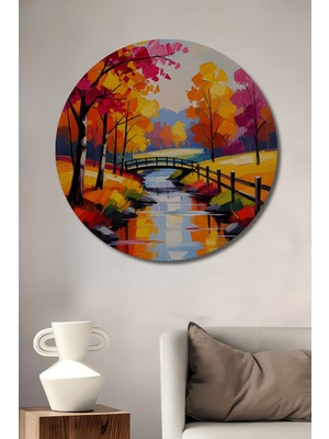Teona Ahşap Sonbahar Renkleri Yağlı Boya Görünümlü Ahşap Dekoratif Tablo Yuvarlak Tablo