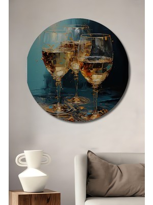 Teona Ahşap Altın Işıltılı Şarap Kadehleri Yağlı Boya Görünümlü Modern Sanat Ahşap Tablo Yuvarlak Tablo