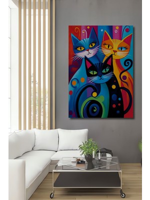 Teona Ahşap Renkli Kedi Ailesi Yağlı Boya Görünümlü Ahşap Dekoratif Tablo Dikdörtgen Tablo