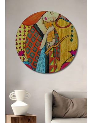 Teona Ahşap Bohem Sanat Sulu Boya Görünümlü Kedi Seven Kadın Ahşap Dekoratif Tablo Yuvarlak Tablo