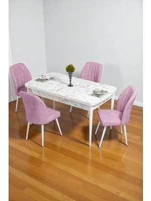 Baresmu Bara Beyaz Mermer 80X132 Açılabilir Sunta Masa Yemek Odası Takımı, Mutfak Takımı 4 Adet Sandalye