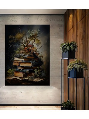 Teona Ahşap Kitaplar Üzerindeki Yaşam Yağlı Boya Görünümlü Ahşap Dekroatif Tablo Dikdörtgen Tablo