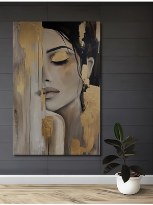 Teona Ahşap Altın Dokunuşlu Yağlı Boya Görünümlü Kadın Portresi Ahşap Dekoratif Tablo Dikdörtgen Tablo
