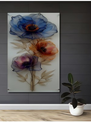 Teona Ahşap Mavi Turuncu Mor Çiçekler Sulu Boya Görünümlü Ahşap Dekoratif Tablo Dikdörtgen Tablo