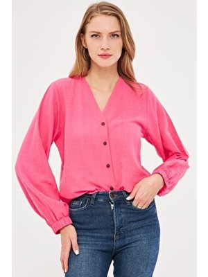 Armonika Kadın Fuşya Kolu Lastikli Bürümcük Gömlek ARM-24K001002