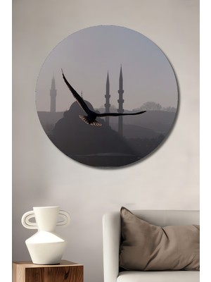 Teona Ahşap Martıların Kanat Çırptığı Istanbul Manzarası Yağlı Boya Görünümlü Ahşap Tablo Yuvarlak Tablo