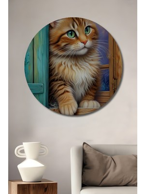 Teona Ahşap Sevimli Kedi Yavrusu Pencerede Yağlı Boya Görünümlü Dekoratif Ahşap Tablo Yuvarlak Tablo