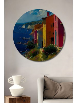 Teona Ahşap Renkli Sahil Kasabası Yağlı Boya Görünümlü Ahşap Dekoratif Tablo Yuvarlak Tablo