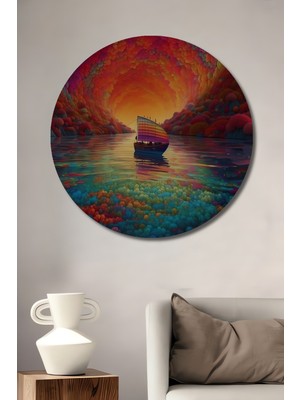 Teona Ahşap Renkli Yağlı Boya Görünümlü Bohem Sanat Deniz Tablosu Ahşap Dekoratif Tablo Yuvarlak Tablo