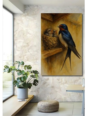 Teona Ahşap Kırlangıç Yuvası Tablosu Sulu Boya Görünümlü Ahşap Dekoratif Tablo Dikdörtgen Tablo