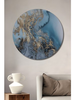 Teona Ahşap Mavi Altın Rüyası Ahşap Dekoratif Tablo Yağlı Boya Görünümlü Soyut Sanat Yuvarlak Tablo