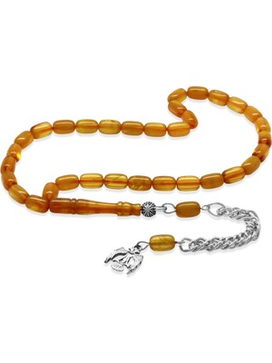 Tesbihane Ateş Kehribar Tesbih - Kararmaz Metal Püsküllü - Mini Boy - Bal Rengi - Kapsül Kesim