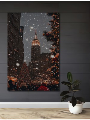 Teona Ahşap Empire State Kar Manzarası Sulu Boya Görünümlü Dekoratif Ahşap Tablo Dikdörtgen Tablo