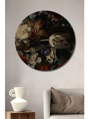 Teona Ahşap Zengin Çiçek Buketi Yağlı Boya Görünümlü Dekoratif Ahşap Tablo Yuvarlak Tablo