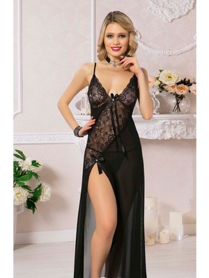 Modellife İp Askılı Dantel Detaylı Yırtmaçlı Kadın Uzun Tül Seksi Gecelik, Fantazi Tül Takım 1545