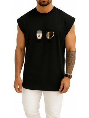 Bahriyeli Collection Oversize Sabah Kahve Akşam Beer Göğüs ve Sırt Tasarımlı Atlet