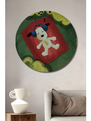Teona Ahşap Snoopy Müzik Keyfi Sulu Boya Görünümlü Ahşap Dekoratif Tablo Yuvarlak Tablo