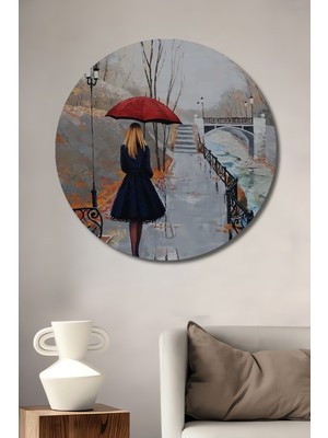 Teona Ahşap Yağmurda Yürüyen Gızemlı Kadın Yağlı Boya Görünümlü Ahşap Dekoratif Tablo Yuvarlak Tablo