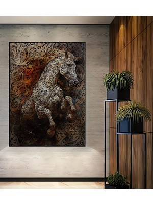 Teona Ahşap Osmanlı Sanat Eseri Ahşap Tablo Yağlı Boya Görünümlü At Tasarımı Modern Sanat Dikdörtgen Tablo