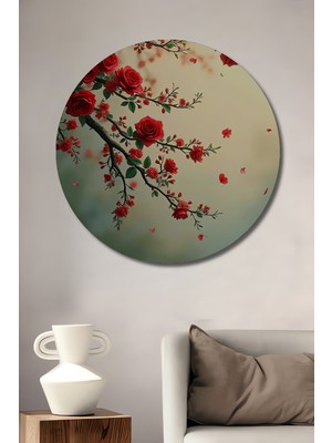 Teona Ahşap Kırmızı Güllerin Bahar Esintisi Yağlı Boya Görünümlü Ahşap Dekoratif Tablo Yuvarlak Tablo