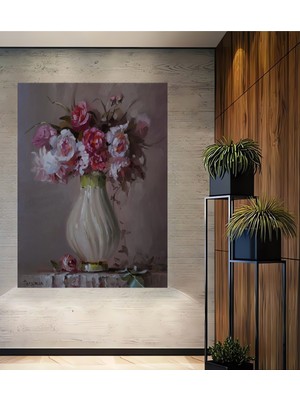 Teona Ahşap Romantik Yağlı Boya Görünümlü Çiçek Vazo Ahşap Dekoratif Tablo Dikdörtgen Tablo