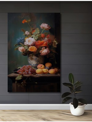 Teona Ahşap Görkemli Yağlı Boya Görünümlü Çiçekler Meyveler Tablosu Ahşap Dekoratif Tablo Dikdörtgen Tablo
