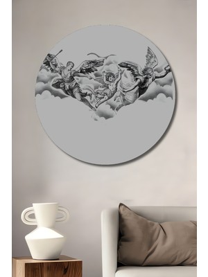 Teona Ahşap Klasik Sanat Melekler Kara Kalem Görünümlü Ahşap Dekoratif Tablo Yuvarlak Tablo
