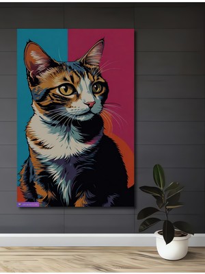 Teona Ahşap Pop Art Kedi Yağlı Boya Görünümlü Ahşap Dekoratif Tablo Dikdörtgen Tablo