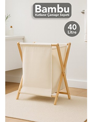 Meleni Home Katlanır Bambu Çamaşır Sepeti - Yıkanabilir Iç Hazneli Natural Kirli Çamaşır Sepeti 40 Lt Bej