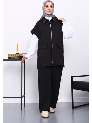 İmaj Butik Siyah Fermuarlı Yelek Pantolonlu Scuba Takım