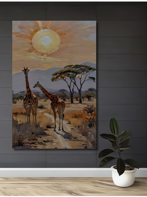 Teona Ahşap Iki Zürafa Afrika Savanası Yağlı Boya Görünümlü Dekoratif Ahşap Tablo Dikdörtgen Tablo
