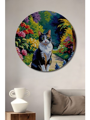 Teona Ahşap Sevimli Kedi ve Bahçe Yağlı Boya Görünümlü Ahşap Dekoratif Tablo Yuvarlak Tablo