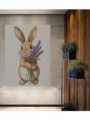 Teona Ahşap Sevimli Tavşan Lavanta Buketi Pastel Boya Görünümlü Dekoratif Ahşap Tablo Dikdörtgen Tablo