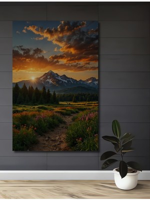 Teona Ahşap Günbatımında Dağ Manzarası Yağlı Boya Görünümlü Ahşap Dekoratif Tablo Dikdörtgen Tablo